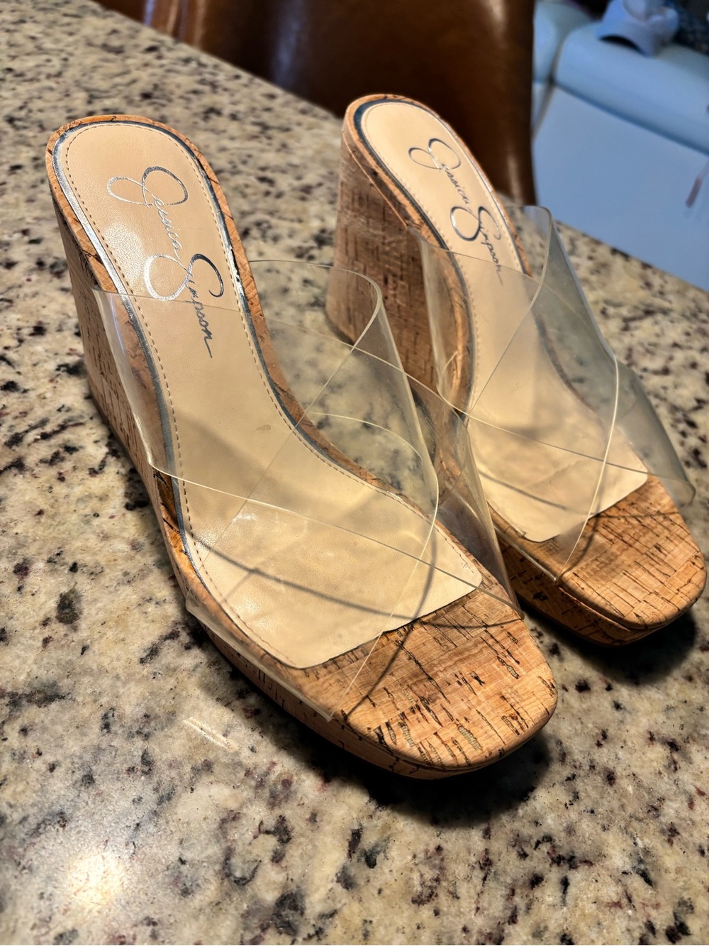 Jessica Simpson Clear PVC Cork Wedge Mules - Clear/Tan Cork